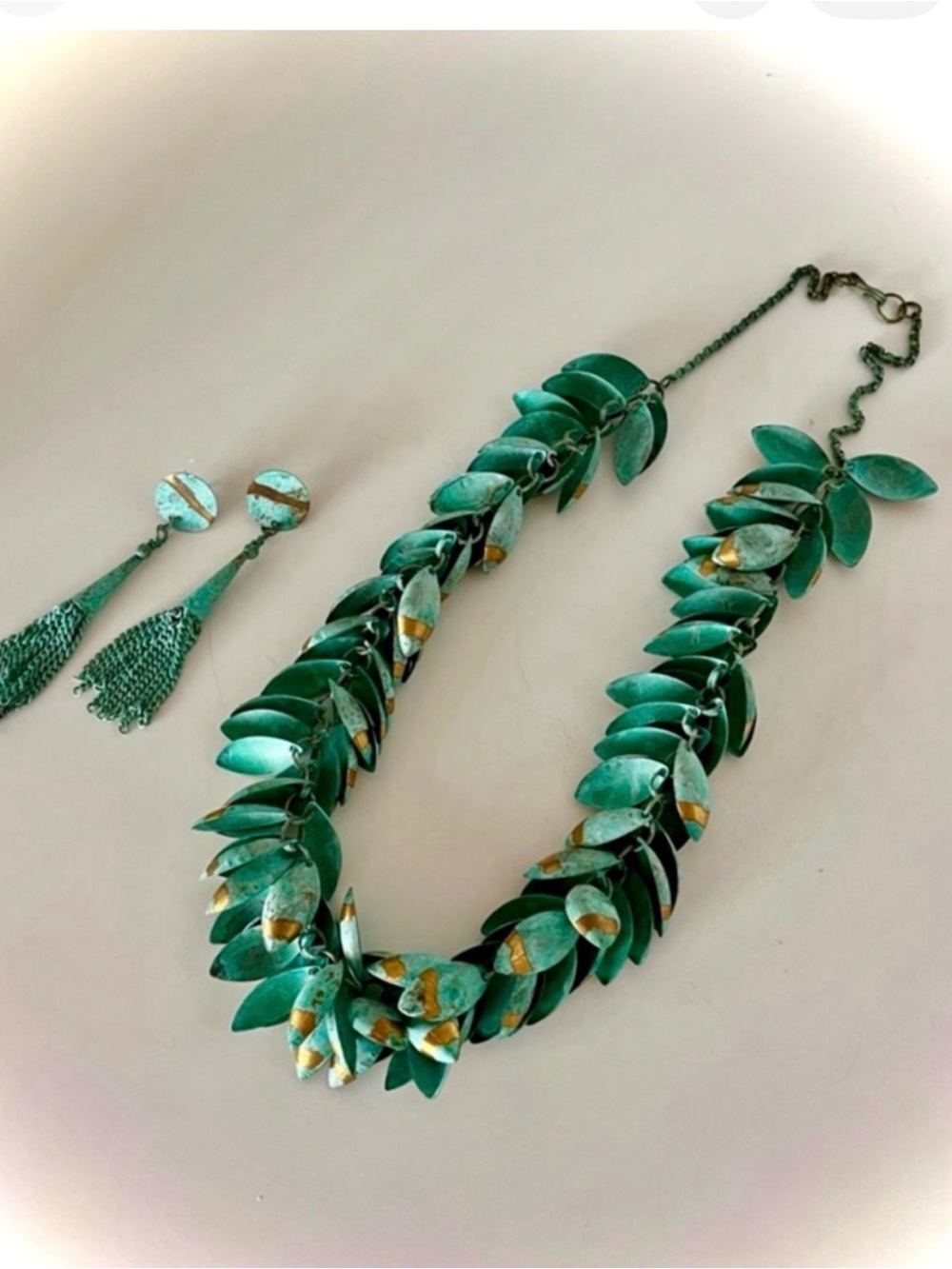 Jane Adam Rare Statement Necklace & Earring Set Turquoise Gold Leaf Wearable Art